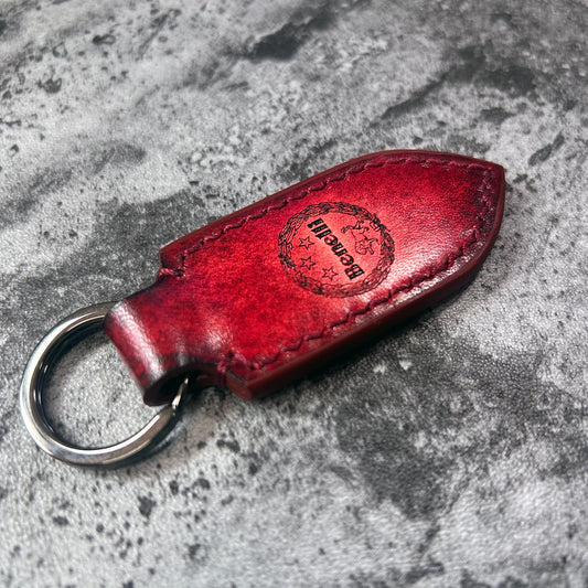 Beneli Symbol is embossed, vintage Leather keychain in Red(Pointed shape)