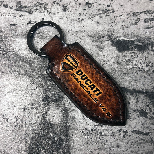 Motorcycle Leather keychain in Brown(Pointed shape) Panigale V4S is Embossed